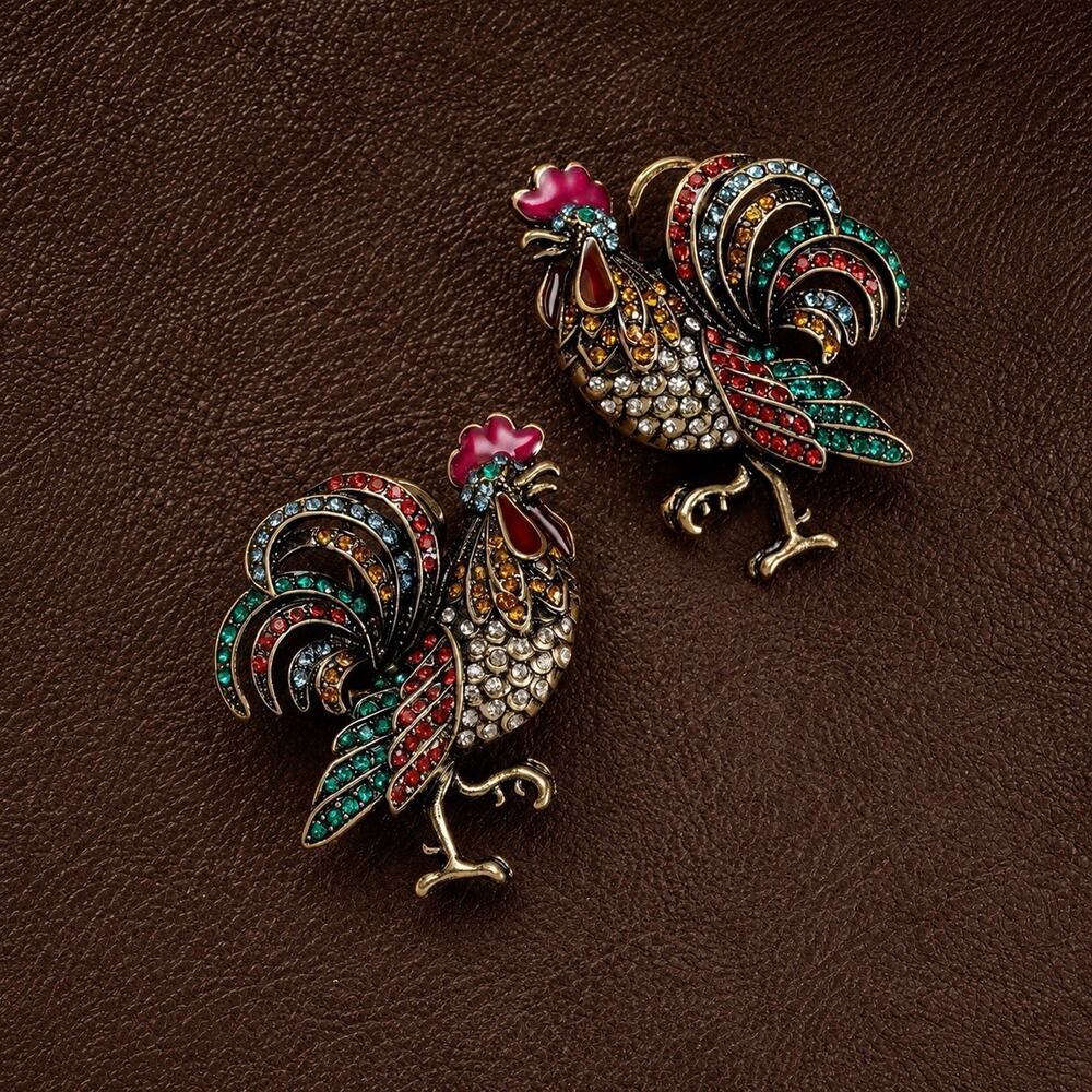 Rooster Bird Earrings VTG Museum Court Art Gold Antique Deco CZ Boho Stud Retro - Picture 4 of 9